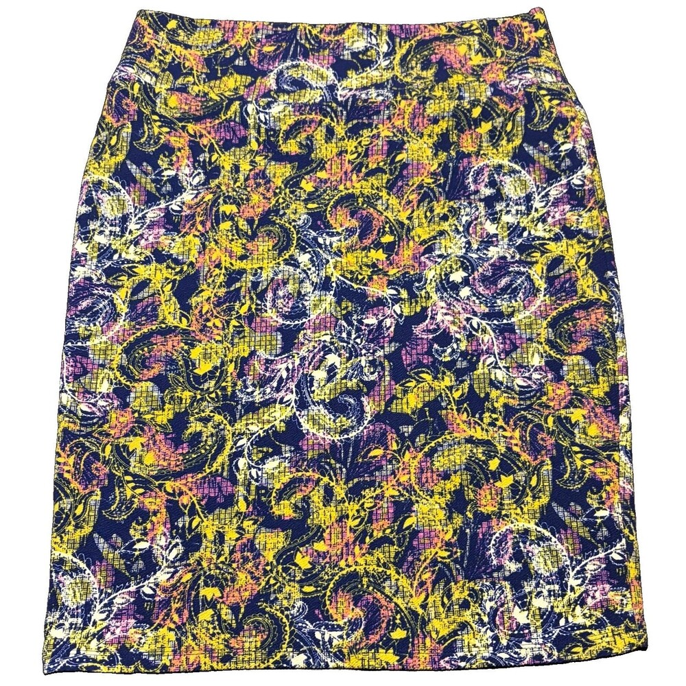 Lularoe Cassie Pencil Skirt Woman’s Size XL Blue Yellow Pink Paisley Abstract - Picture 3 of 7